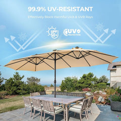 Double Sided Patio Umbrellas - 13ft Solar Lights LED Lighted Outdoor Extra Large Market Table Umbrella with Base Included