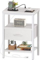 Nightstand Set of 2, Bed Side Tables with Charging Station, Adjustable Fabric Drawer, Night Stand for Bedroom