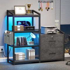 2 Drawer File Cabinet,Filing Cabinet fits Letter Legal, A4 Size, File Cabinets for Home Office with Lock, Power Strip,LED Lights