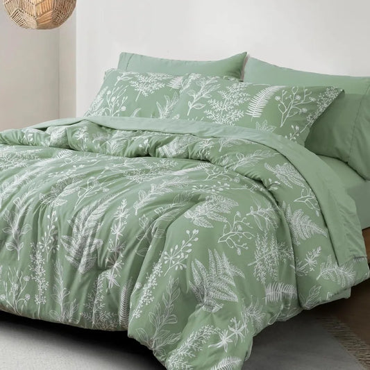 PHF 7 Pieces California King Bed in A Bag, Ultra Soft Comforter Set & Sheet Set, Reversible Botanical Bedding Set Include Comfor