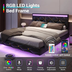 King Size Floating Bed Frame with LED Lights & USB Ports, Faux Leather Upholstered Platform Bed