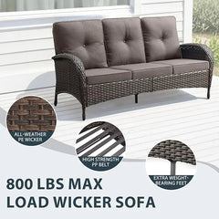 5 Piece Patio Furniture Set - Wicker Patio Conversation Set with Swivel Glider, 3 Seat Sofa, Tempered Glass Side Table and Coffe