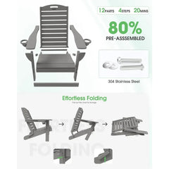 Chair Folding Adirondack Chairs with Cup Holder, Outdoor Fire Pit Chairs All-Weather Lawn Chair for Deck Patio Garden (Grey)