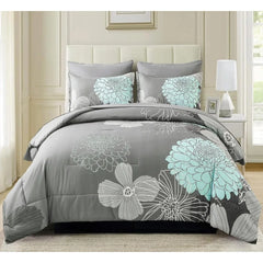 7 Pieces Bed in a Bag Floral Comforter Set Green Flowers Bedding Set Soft Microfiber King Comforter Sets Duvet Cover Sets