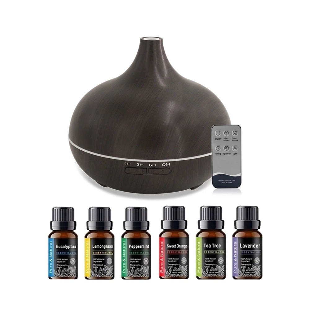 For Home 550ml Wood Grain Essential Oil Diffuser with Remote Control  Ultrasonic Cool Mist Humidifier  7 Color LED Lights   6 Es