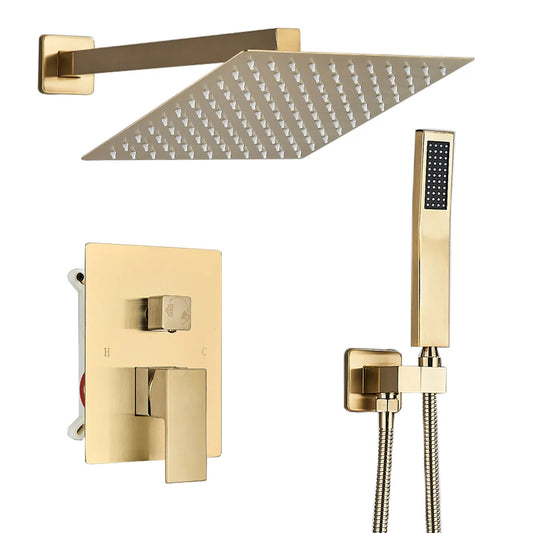 Brushed Golden Bathroom Shower Faucet Concealed Install 2 Way Rainfall Shower Set Wall Mounted Shower System Hot Cold Mixer Tap