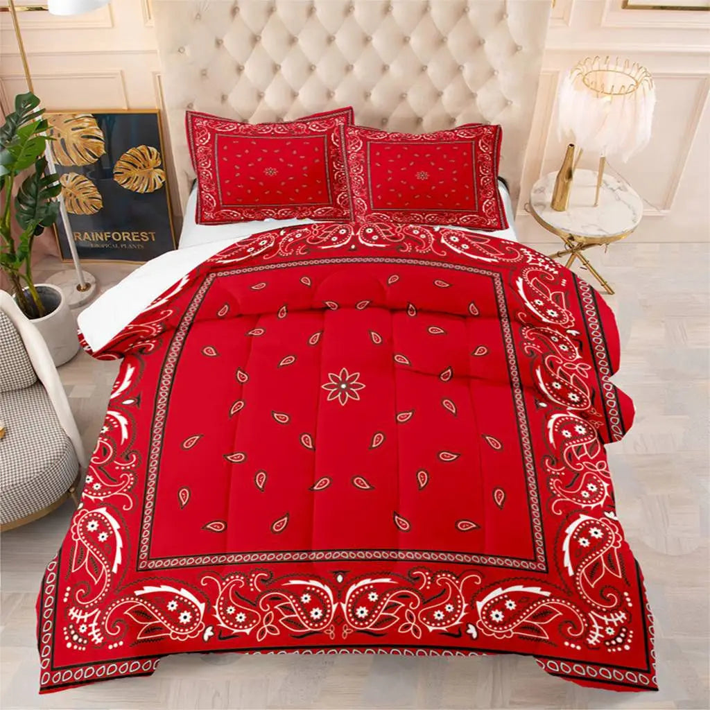 7-Day Delivery Western Boho Comforter Set 3pcs Paisley Geometric Line Bandana 1 Quilt Comforter 2 Pillowcases (Without Core)
