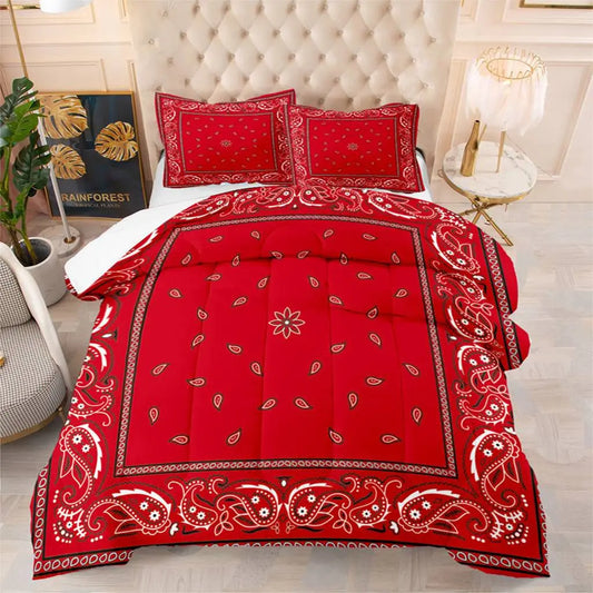 7-Day Delivery Western Boho Comforter Set 3pcs Paisley Geometric Line Bandana 1 Quilt Comforter 2 Pillowcases (Without Core)
