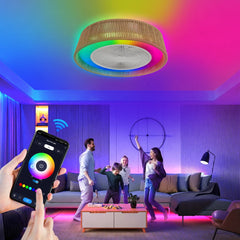 21" Modern Rustic Ceiling Fan Light with LED RGB Mood Lighting, Rope Woven Design, Quiet Fan, Semi Flush Mount for Bedroom
