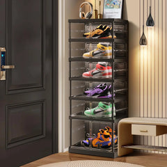 6 Tier Foldable Shoe Rack For Closet Entryway 6-12 Pairs Stackable Clear Shoe Storage Boxes With Lids Shoes Shelf With Door
