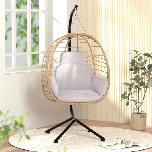 Chair with Stand Patio Hammock Swing Chair, Basket Wicker Rattan Adjustable Height