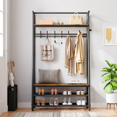 Large Coat Rack Shoe Bench, 4-in-1 Hall Trees Entryway Bench with Coat Rack & Shoe Rack, Steel Frame Storage Shelf & Hanging Bar