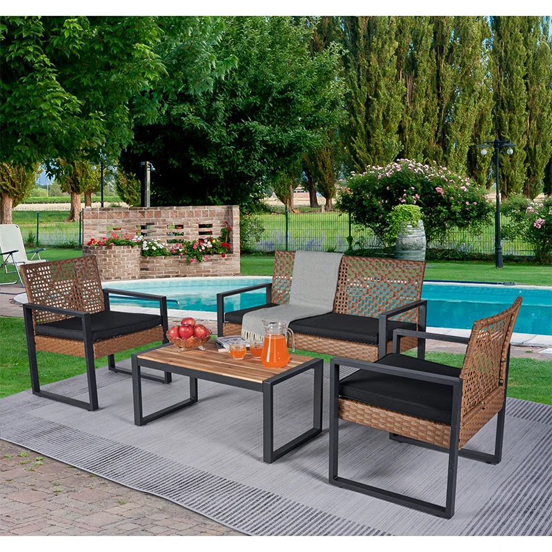 4-Piece Patio Furniture Set Outdoor Balcony Porch Garden Backyard Lawn Furniture Acacia Wood Table Top