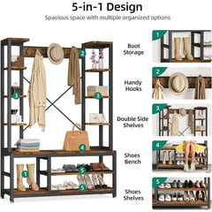 Entryway Hall Tree with Bench and Shoe Storage Shelves, 5-in-1 Coat Rack with Shoe Storage Bench, Industrial Mudroom Be