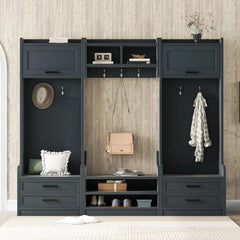 Wide Hall Tree with Storage Bench, Wood Coat Rack with Cabinet and 7 Hooks, Mudroom Organizer with Shoes Storage Cubbies