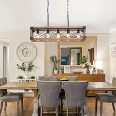 Farmhouse Kitchen Island Lighting, 5-Light Dining Room Light Fixture, Farmhouse Linear Chandelier with Solid Wood for Dining Ro