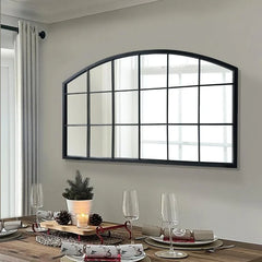 Black Grid Wall Mirror,Wide Window Pane Black Mirror,Farmhouse Arched Wall Mirror,Mantel Mirror for Fireplace/Entryway/H