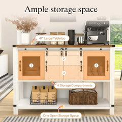 Farmhouse Coffee Bar Cabinet with Storage, 47'' Coffee Bar Table with Sliding Barn Door, White Coffee Buffet Cabinet