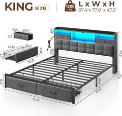 Queen Size Bed Frame with Drawers & Charging Station, Upholstered Platform Bed with LED Storage Headboard