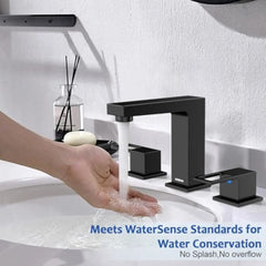 8 英寸 3 Hole Widespread Bathroom Faucet, 3 Pieces Two Handle Bathroom Sink Faucet with Pop-Up Drain and Supply Hose (Matte Bla)