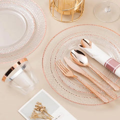 350PCS Clear Plastic Plates with Gold Trim for 50 Guests, Disposable Dinnerware Set for Party & Wedding, Includes 100 Plastic