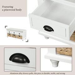 Storage Bench with 3 Drawers, 3 Rattan Baskets and Removable Cushion for Entryway, Shoe Bench End of Bed Bench 3-Cube