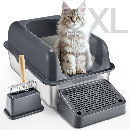 VEVOR Cat Litter Box 6 inches Deep Extra Large Stainless Steel Cat Litter Box with Scoop Wide Filtering Foot Board & High Sides