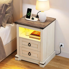Nightstand with Charging Station, 2 Drawers Night Stand for Bedroom, LED End Table Side Table w/Open Shelf, Off White+ Grain