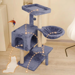 Multifunction Cat Tree with Cozy Hammock & Hanging Ball, Cat Tower with Activity Cat Condo Jute-Covered Scratching Posts, Grey