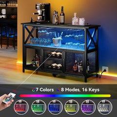 Bar Cabinet with LED Lights, Wine Cabinet with Power Outlet, Bar Table Stand with Wine Rack, Storage Cabinets, Adjustable Shelf