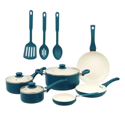 12-Piece Corsair Blue Nonstick Aluminum Cookware Set Home Kitchen Utensil Collection