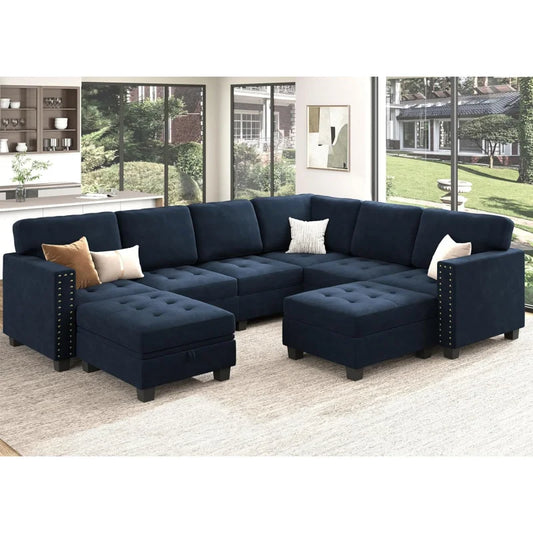 Velvet Modular Sectional Sofa, Convertible L-Shaped Sofa Couch with Storage & Top Tray Ottoman – Dark Blue