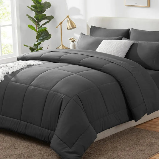 CozyLux Dark Grey California King Size Comforter Set 7 Pieces Cal King Bed in a Bag Dark Gray Bedding Sets Cali King with All Se