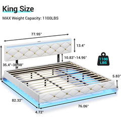 King Size Floating Bed Frame with LED Lights & USB Ports, Faux Leather Upholstered Platform Bed