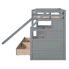 Wood Twin Over Twin Bunk Bed with Desk and Slide,Drawers Bookcase and Storage Staircase for Kids, White