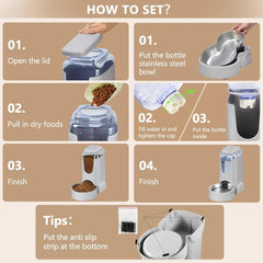 Automatic Cat Feeder and Water Dispenser with Stainless Steel Bowl Dog Gravity Food Feeder and Waterer for Small Medium Pets