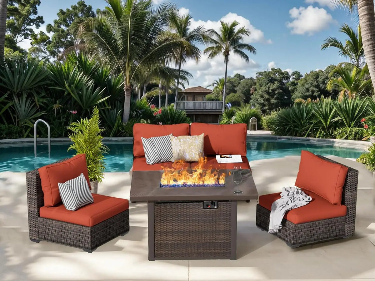 10 Piece Patio Furniture Set with 42In Fire Pit Table， Outdoor Furniture Sets Rattan Sectional Couch Outdoor Chairs