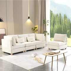 L-Shaped Convertible Modular Sectional Sofa with Movable Ottoman, Corduroy Upholstered Corner Couch