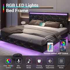 King Size Floating Bed Frame with LED Lights & USB Ports, Faux Leather Upholstered Platform Bed