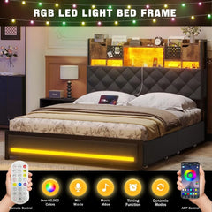Queen Bed Frame with Headboard and 4 Under-Bed Storage Drawers, Upholstered Bed Frame Queen Size with LED Light and Charging Sta