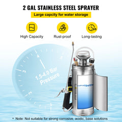 VEVOR 2Gal Stainless Steel Sprayer Hand Pump Sprayer with Pressure Gauge&Safety Valve Adjustable Nozzle for Gardening Sanitizing