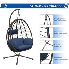 Egg Swing Chair Wicker Rattan Hanging Chair with Stand 350lbs Capacity W/Strong Frame & Dark Blue Cushions, Hammocks