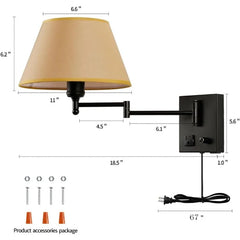 Swing Arm Wall Sconces, Plug-in Wall Lamp,Bedroom Wall Lamp ， White Fabric Shade with Dimmable Switch and USB Charging