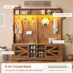 Hall Tree with Bench and Shoe Storage, 5-in-1 Entryway Bench with Coat Rack, 16 Shoe Cubbies & 12 Coat Hooks, Barn Door & Adjus