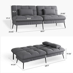 Convertible Futon Sofa Bed, 68″Fabric Futon Couch , Folding Futon Sleeper Recliner for Living Room Furniture (Grey)