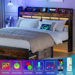 Queen Size Headboard with Storage Shelf, LED Light, USB Charging Station & Adjustable Height