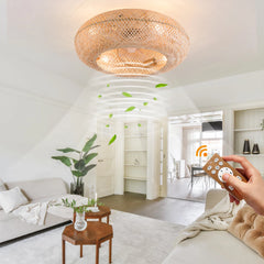 Modern Led Ceiling Fans With Light Bamboo Rattan Hand-Woven Retro Ceiling Lamp With Fans Remote Control 110V