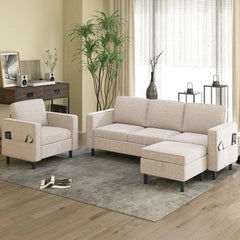 3-Piece L-Shaped Sectional Sofa Set with Armchair & Ottoman, Convertible Lounge Couch for Living Room & Apartment