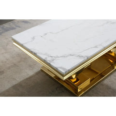 47" White Faux Marble Coffee Table with Gold Stainless Steel Base – Modern Luxury Center Table