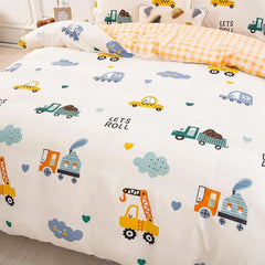 Kids Duvet Cover Set Full Size, Cotton Cartoon Car Truck Bedding Set for Boys Girls, 3 Pieces Soft Breathable White Yellow Plaid